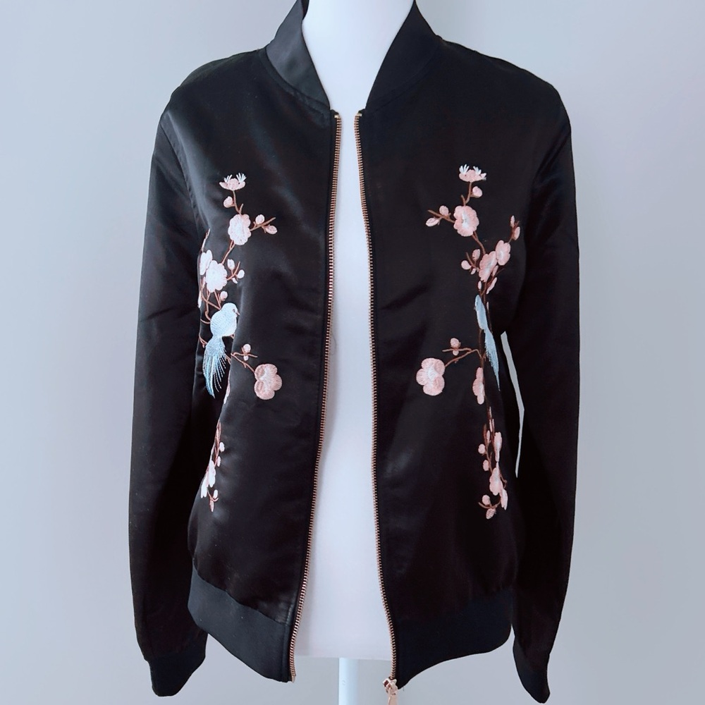 Ci Sono Satin Bomber Black Jacket with Floral & Bird Embroidery S